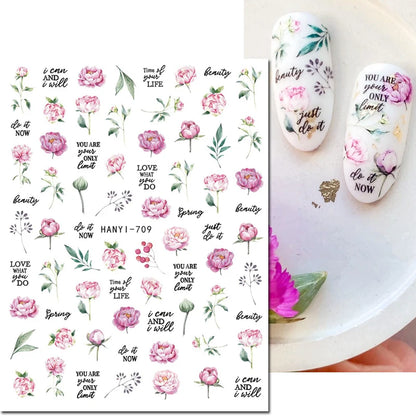 3d Nails Art Decals Spring Fruits Pink Full Tips Peony Magnolia Flowers Adhesive Sliders Stickers Decoration For Nails Manicure