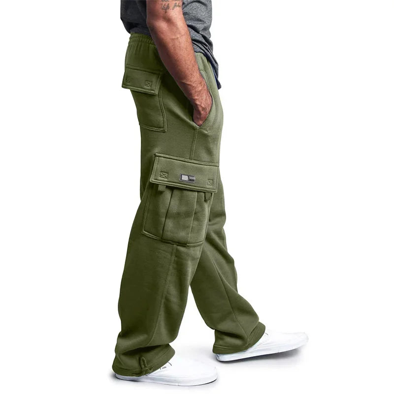 Autumn Winter Fashion Men's Casual Sports Pants Solid Color Multi-Pocket Straight Leg Trousers Loose Large Size Men Cargo Pants
