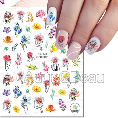 3d Nails Art Decals Spring Fruits Pink Full Tips Peony Magnolia Flowers Adhesive Sliders Stickers Decoration For Nails Manicure