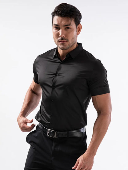 High Quality Summer Business Shirts For Men Short Sleeve Button Wrinkle Free Elasticity Social Black Office Dress Shirts US Size