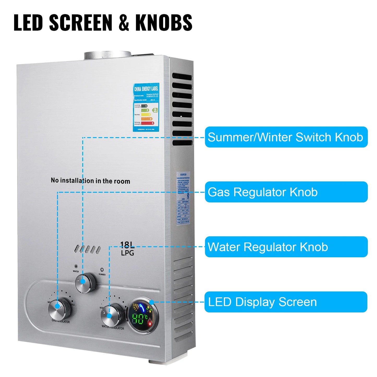 LPG 6L/8L/10L/12L/16L/18L Wasser Heizung 36KW Instant Liquefied Petroleum Gas Wasser heizung Edelstahl Kessel Kit Portable