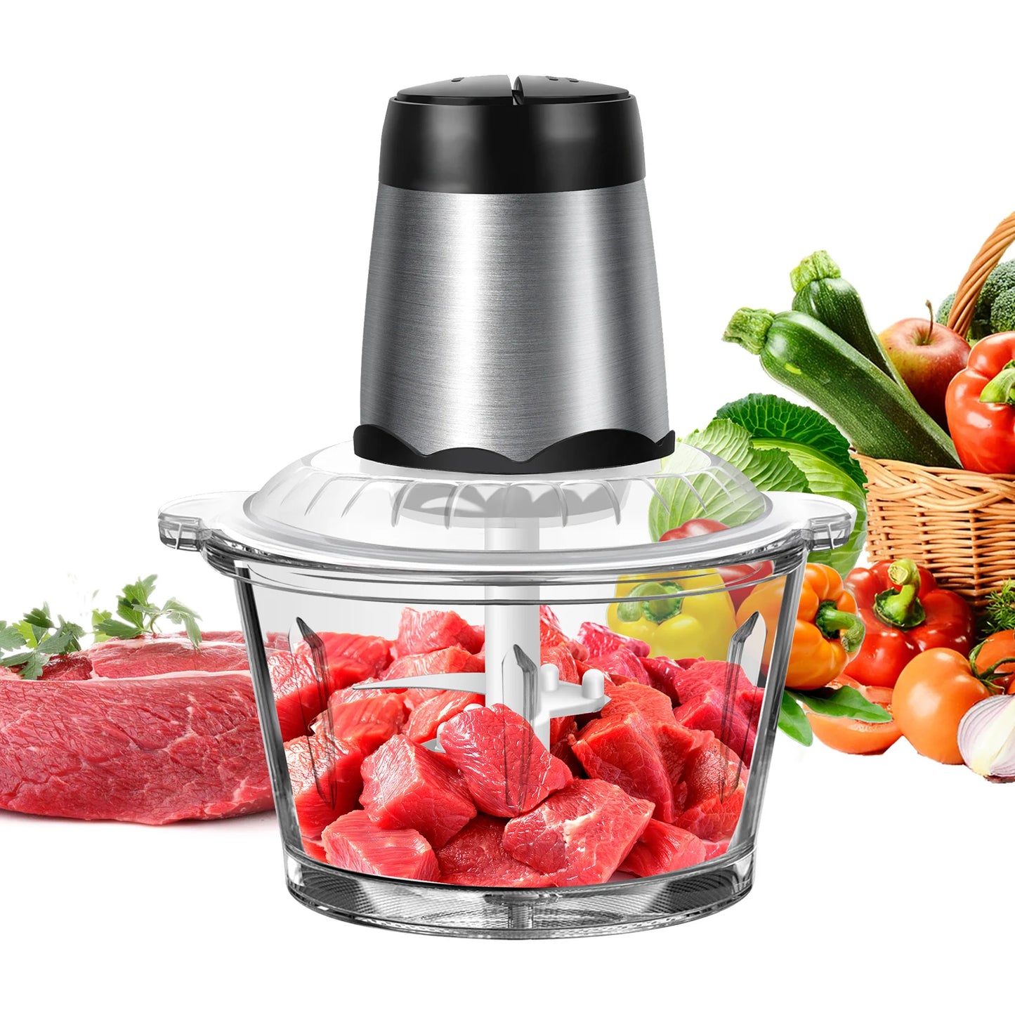 Meat Grinder 300W Electric Multi Blender Mixer with 2L Glass Container,2 Speed Settings,4 Stainless Steel Blades Easy to Clean