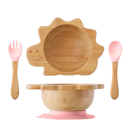 Baby Wooden Tableware Set Wooden Handle Fork Spoon Could Bamboo Wooden Plate Bowl Silicone Suction for Children Feeding Supplies