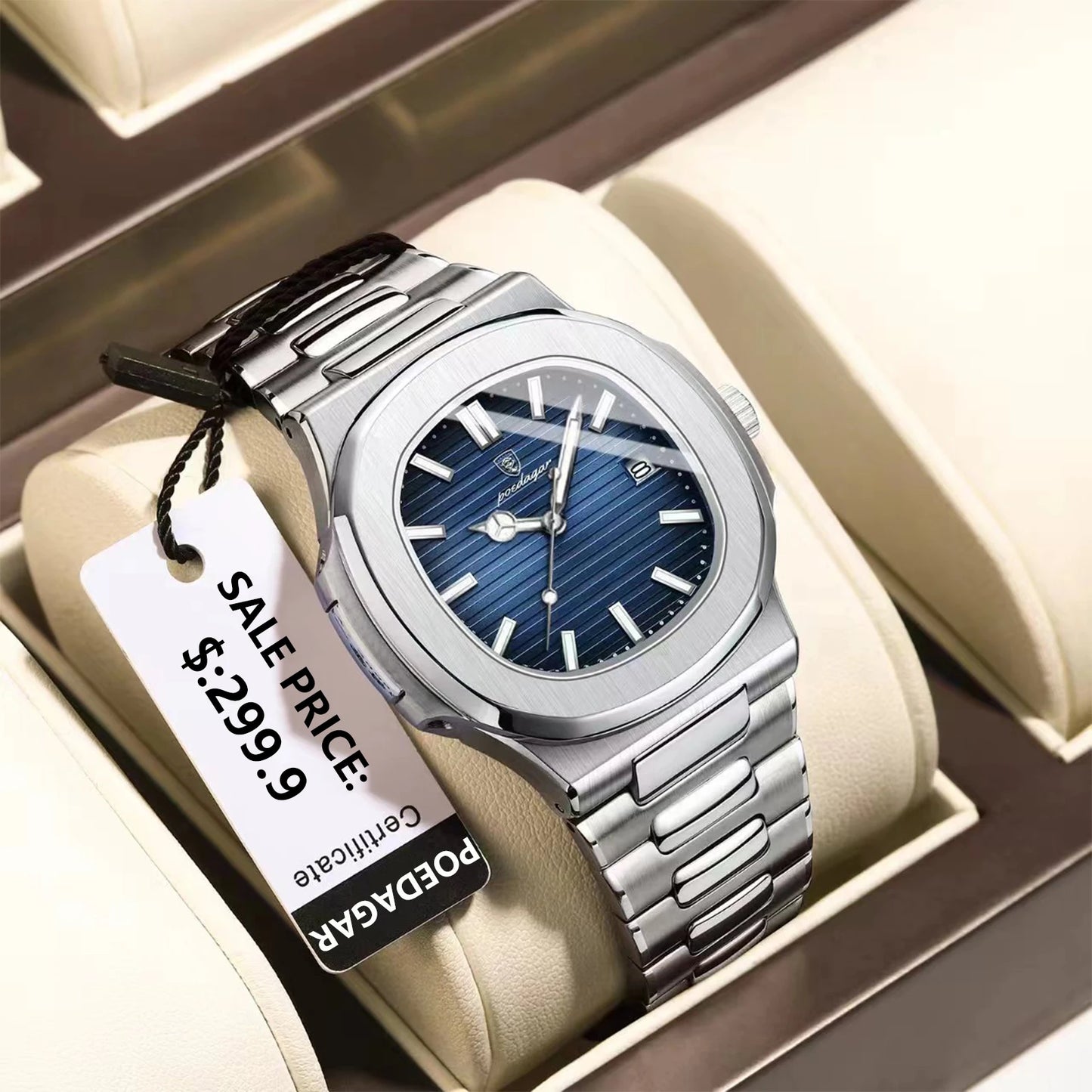 POEDAGAR Luxury Brand Men's Quartz Wristwatch Stainless Steel Waterproof Luminous Date Man Clock Square Business Watches For Men