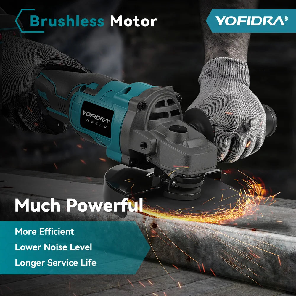 YOFIDRA 125mm Brushless Electric Angle Grinder 20000RPM Wood Metal Cutting Grinding Polishing Power Tool For Makita Battery Pin