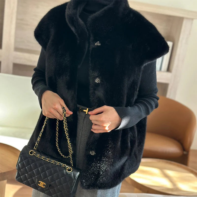 Women's Autumn Winter Faux Mink Hair Stand Collar Sleeveless Loose Vest Jacket Lady Streetwear Single Breasted Faux Fur Vest Top