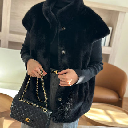 Women's Autumn Winter Faux Mink Hair Stand Collar Sleeveless Loose Vest Jacket Lady Streetwear Single Breasted Faux Fur Vest Top