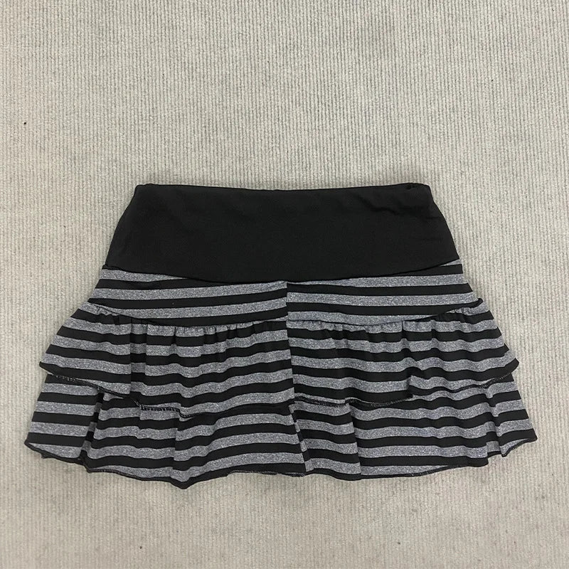 2026 Summer New Women's Wear  Y2K Grunge Black and Grey Striped Ruffle Mini Skirt  High Waist Elastic Waist Tight A-line Skirt