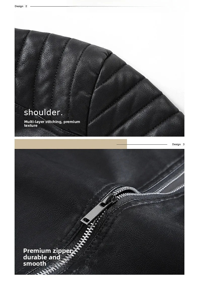 Spring Autumn Men's Biker Style Thin Top Layer Leather Jacket Motorcycle Outerwear Lightweight Korean Version Zipper Closure