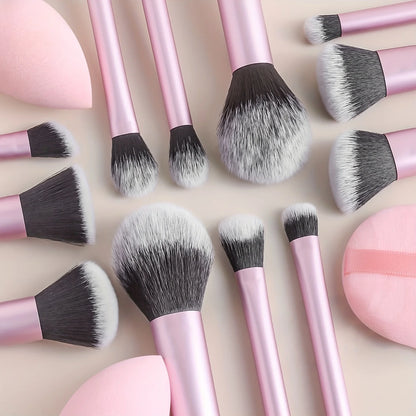 12-Piece Classic Full Makeup Brush Set with Angled and Teardrop Blenders, 1 Powder Puff - Professional Application Tools, Nylon