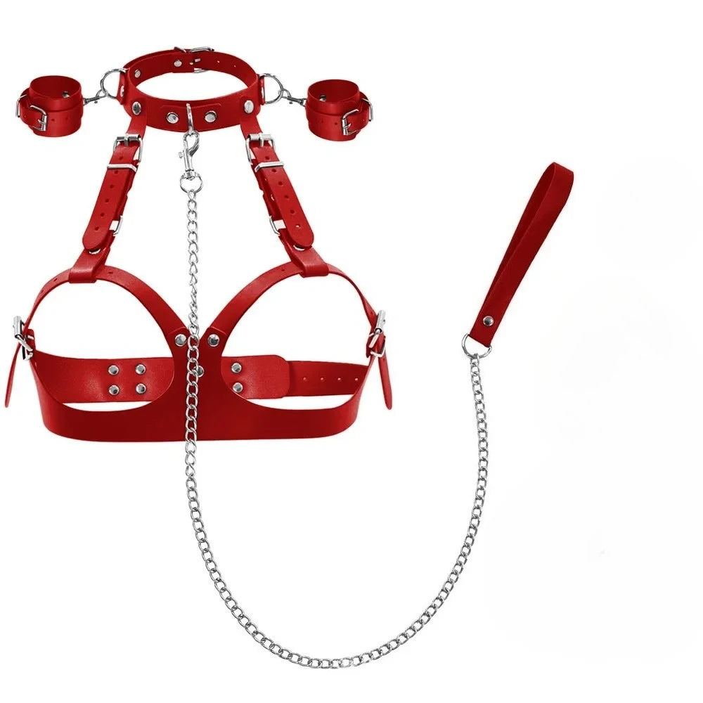 Adjustable Handcuffs and Leg Cuffs PU Collar and Bra Couple Toys BDSM Training Bondage Sex Toys SM Slave Props for Men and Women