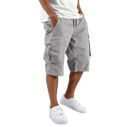 2026 Summer Men Loose Straight Pants Casual Multi-Pocket Shorts Pure Color Fashion Men Shorts Drawstring Daily Cargo Short Pants