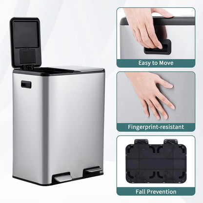 2 * 30L Stainless Steel TrashCan Dual Classification Foot Pedal Bins - Soft Close Lid/Removable Liner Buckets Recycling Solution