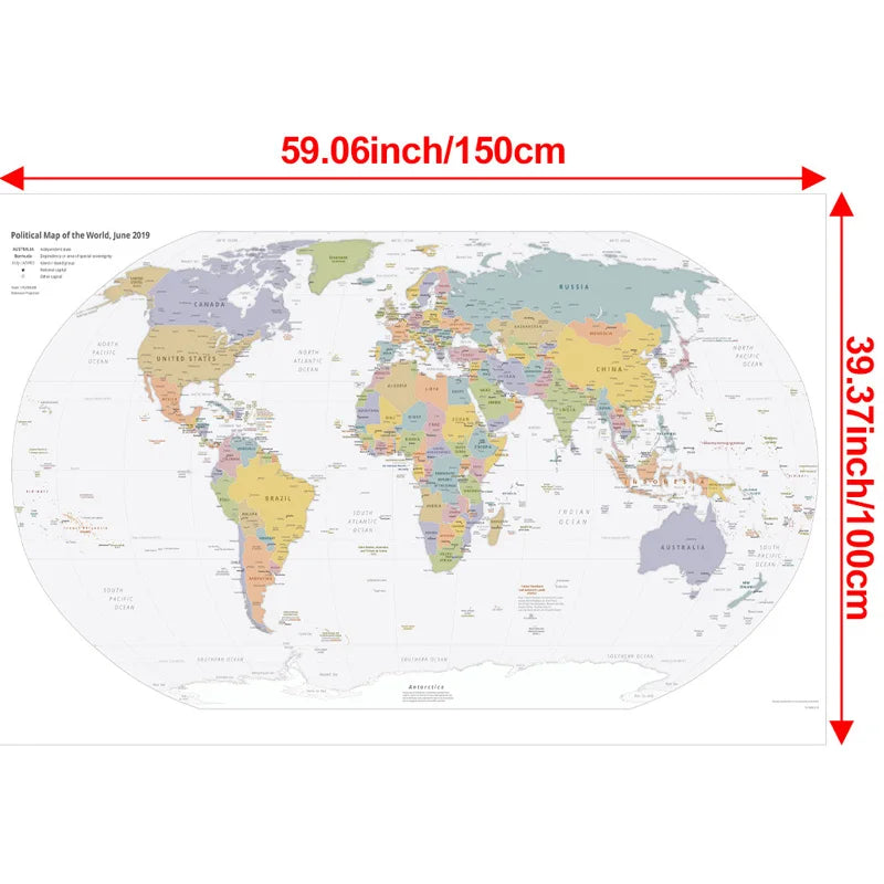 English Map Series-World Map-2019,Decorative Hanging Picture Decor Frameless,Geographical,Tourism/education Tools