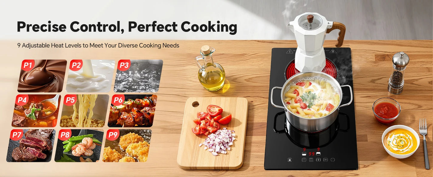 2-Zone Ceramic Hob, 3000W with Child Lock, 9 Heat Levels, 1-99min Timer, Black (CE Certified)