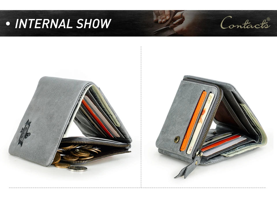 CONTACT'S Genuine Leather Short Wallets for Men Trifold Card Holder Money Clip Coin Purse Male Pocket Wallets Men's Purse Bags