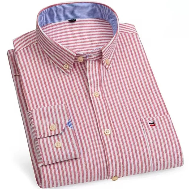 Men's Versatile Casual Checkered Oxford Cotton Shirts Single Pocket Long Sleeve Standard-fit Button Down Gingham Striped 7XL 6XL
