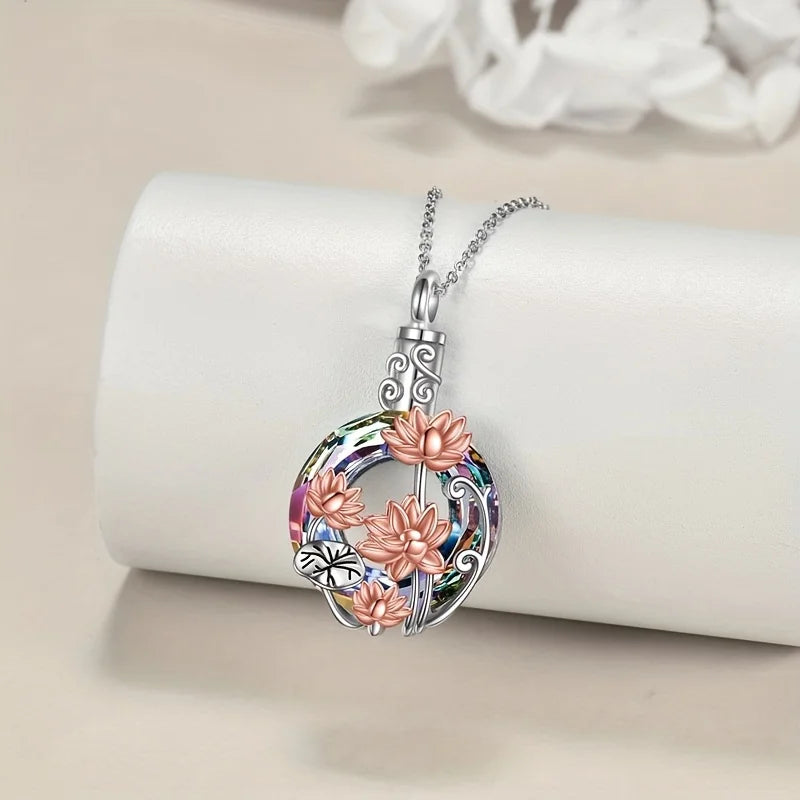 1PCS Lotus Crystal Urn Necklaces For Pet Ashes Container Round Cremation Keepsake Jewelry For Pet Memorial Women Necklace