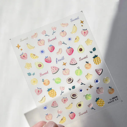 Fresh Sweet Fruits Strawberry Cherry Bowknot Love Heart Lemon 5D Nail Art Stickers Self Adhesive Decorations Nail Manicure Decal
