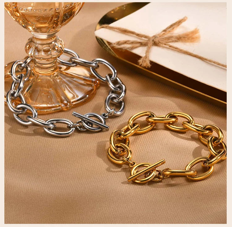 Chunky Bold Toggle Bracelets for Women, Stainless Steel OT Buckle Link Chain Bracelet Gold Plated Tarnish Free