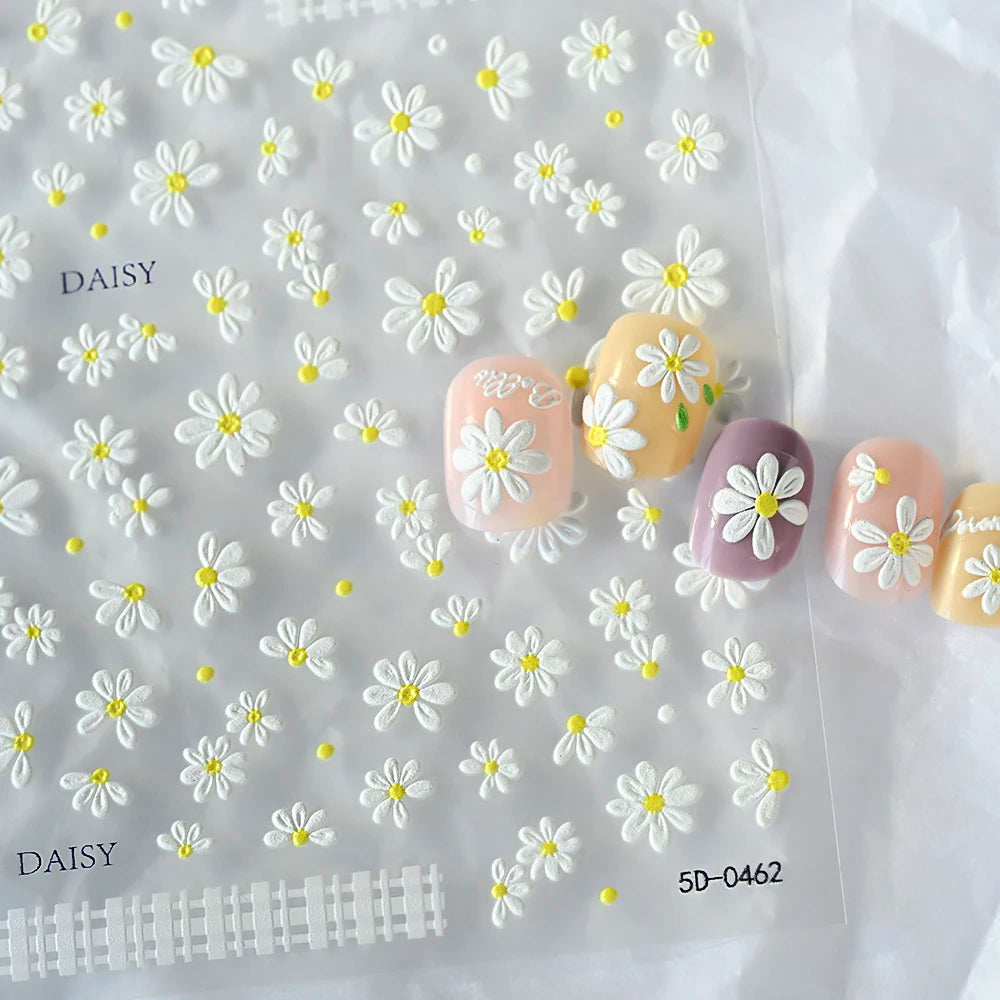 2pcs 5D White Daisy Design Nail Art Stickers Embossed Daisy Floret Green Leaf Nail Art Decals DIY Spring Summer Decor Stickers
