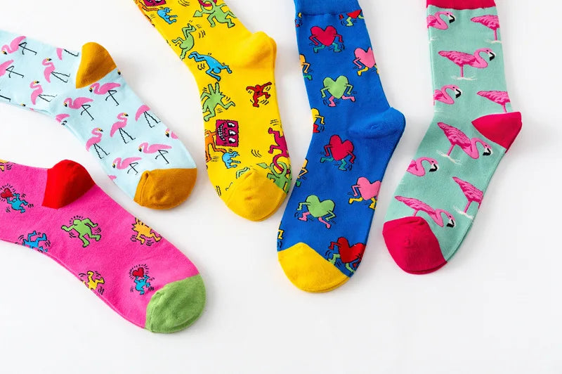1Pair 35-44 Men Casual Cotton Sock Harajuku Cartoon Flamingo Loving Heart Cute Funny Character Japanese Socks