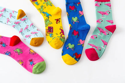 1Pair 35-44 Men Casual Cotton Sock Harajuku Cartoon Flamingo Loving Heart Cute Funny Character Japanese Socks