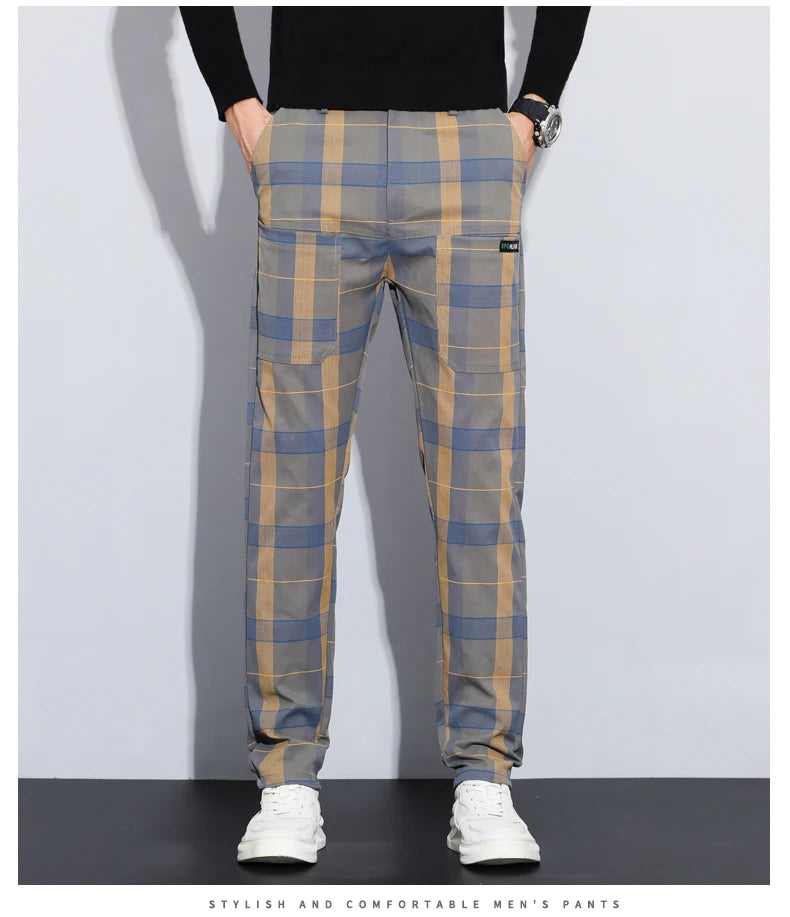 Autumn Winter Luxury Plaid Check Pattern Casual Pants Men Thick Business Elastic Waist Slim Fit Korean Pocket Long Trousers Male
