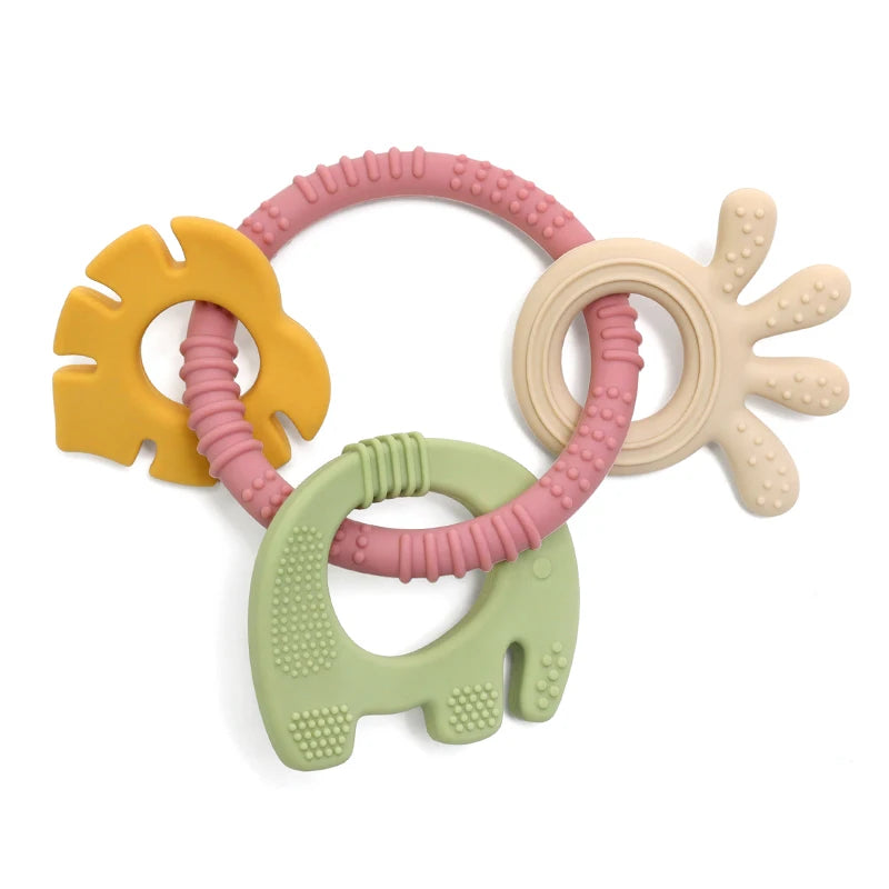 4 In One Baby Silicone Teether Ring BPA Free Rattles Bracelet Food Grade Elephant Cute Octopus Shaped Teething Ring Toys