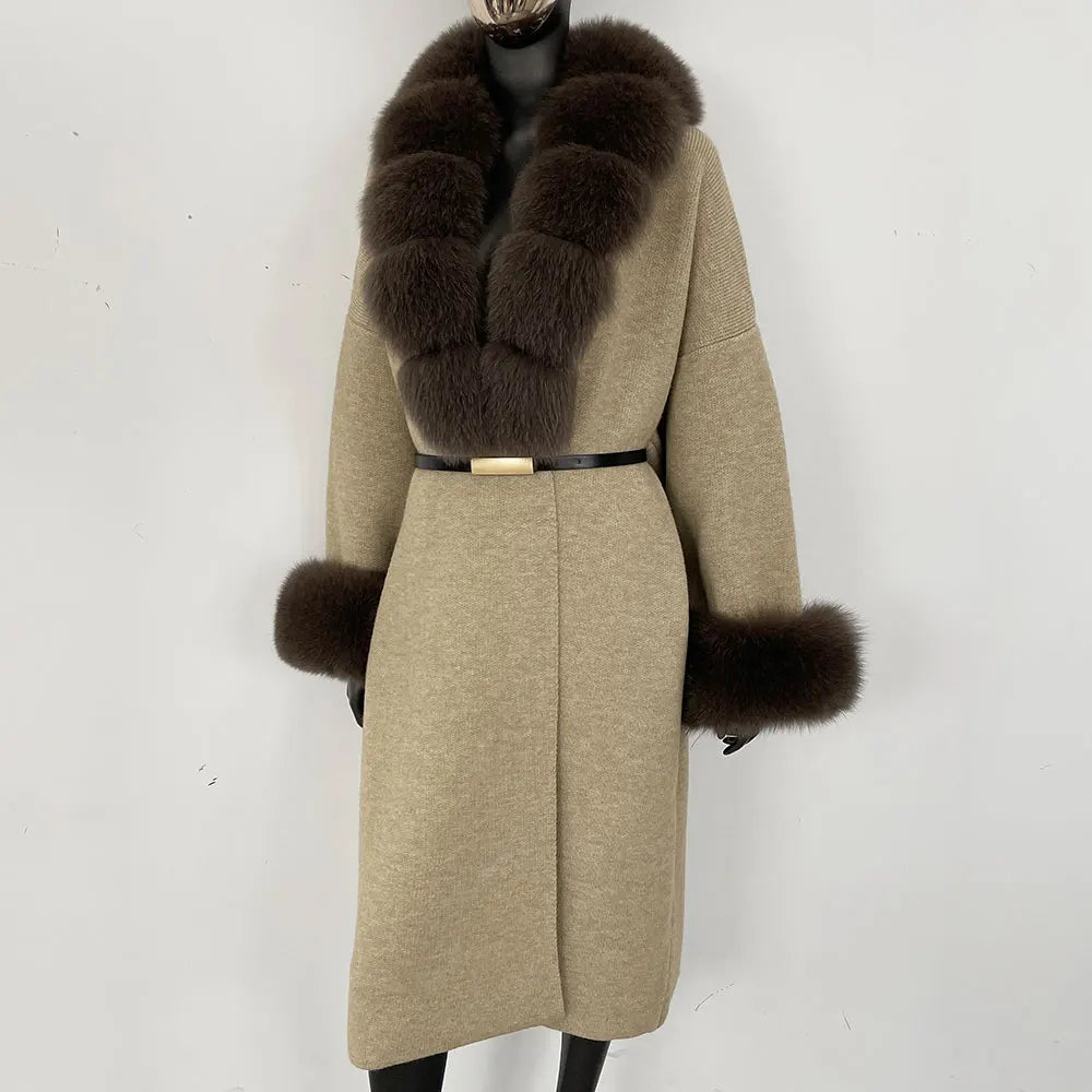 Long Knitwear Coat Women Warm Belt Real Fox Fur Jacket Female 2024 New Autumn Winter Kintted Natural Fur Coat Women