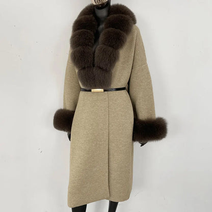 Long Knitwear Coat Women Warm Belt Real Fox Fur Jacket Female 2024 New Autumn Winter Kintted Natural Fur Coat Women