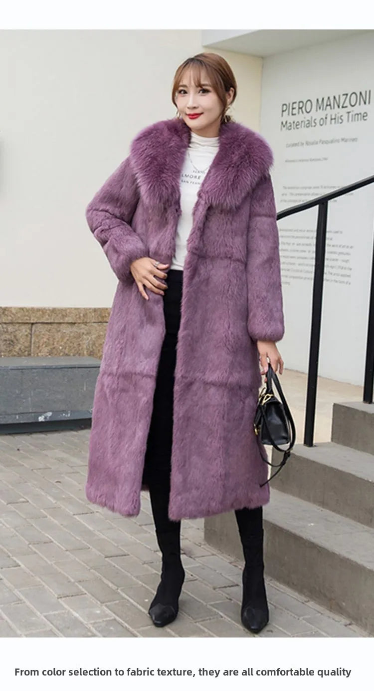 Real Rex Rabbit Fur Coat Women Autumn Winter Long Jacket Thick Warm New Fashion Fox Fur Collar Elegant Female Warm Outerwear
