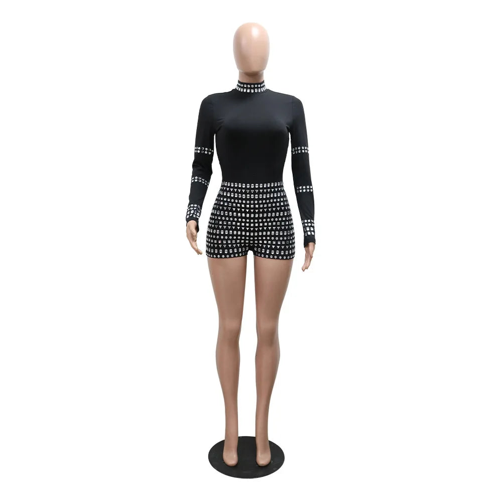 Leosoxs Women Diamonds Hot Rhinestones Long Sleeve Short Jumpsuits 2024 Summer Sexy Party Club One Piece Suit Rompers Playsuits