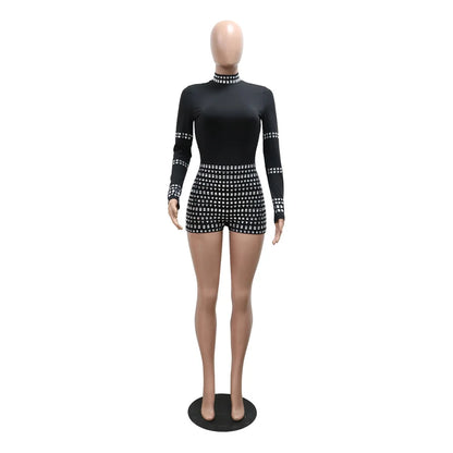 Leosoxs Women Diamonds Hot Rhinestones Long Sleeve Short Jumpsuits 2024 Summer Sexy Party Club One Piece Suit Rompers Playsuits
