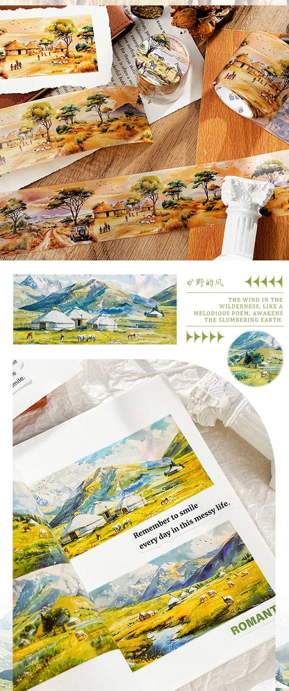 45mm * 2m Free Wind Series Retro Watercolor Landscape PET Stickers Creative Decor DIY Diary Scrapbook Collage Aesthetic Supplies