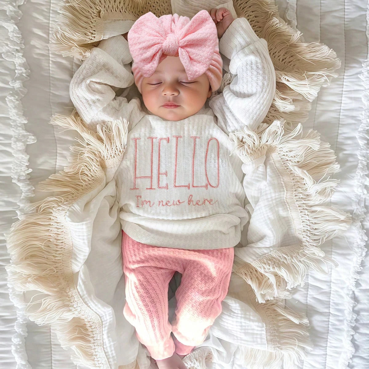 "Hello" Embroidery Newborn Photography Props Infant Romper Jumpsuit with Bow Hat Baby Coming Home Outfit Baby Photo Gift-HD