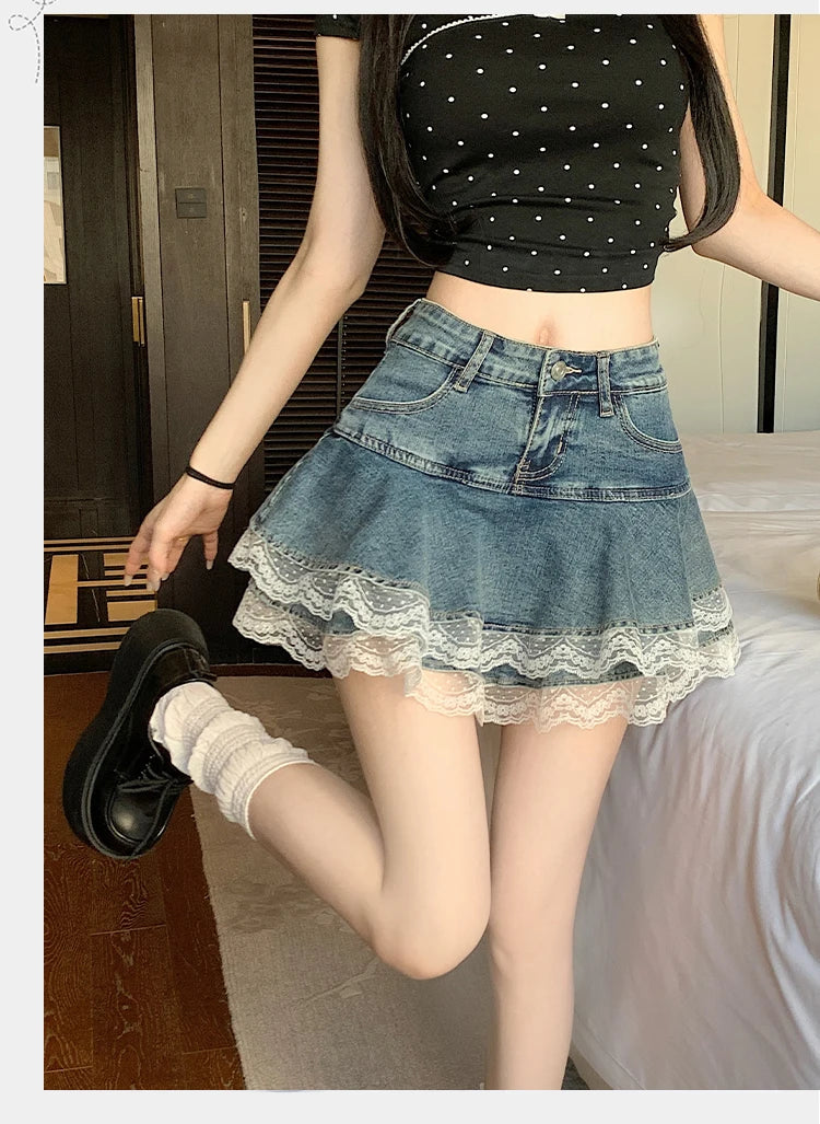 Sweet Sxey Denim Cake Skirt Women Retro Hight Waist A Line Mini Skirt Female Korean Fashion Casual Streetwear Pleated Skirt Y2K