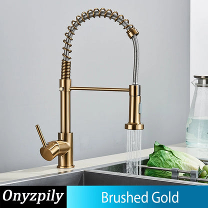 Spring Brushed Kitchen Sink Faucet Pull Down Sprayer Nozzle Single Handle Faucets Mixer Hot Cold Stainless Steel Modern