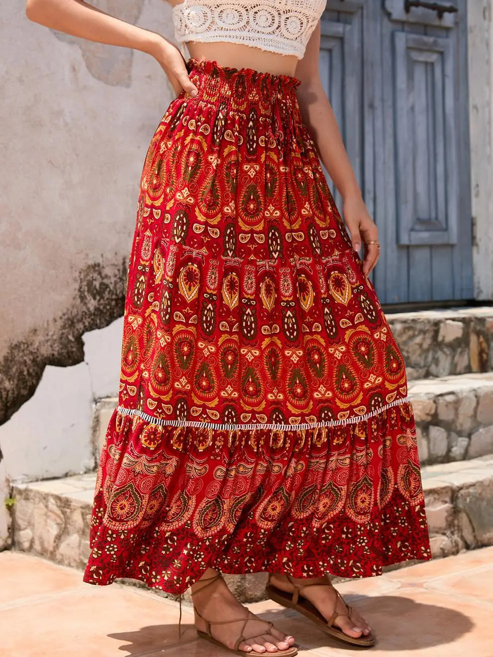 Women's Casual Temperament Skirt Women's Fashionable Bohemian Printed Elastic Waist Temperament Skirt Big Sway Temperament Skirt
