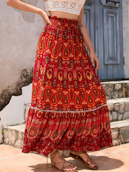 Women's Casual Temperament Skirt Women's Fashionable Bohemian Printed Elastic Waist Temperament Skirt Big Sway Temperament Skirt