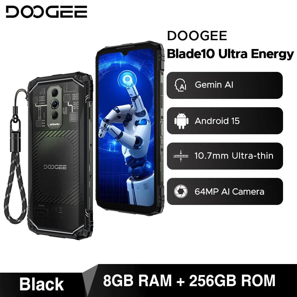 DOOGEE Blade10 Ultra Energy Rugged Phone Gemini AI 10.7mm Ultra-thin 6150mAh Battery Android 15 Widevine L1 Smartphone NFC