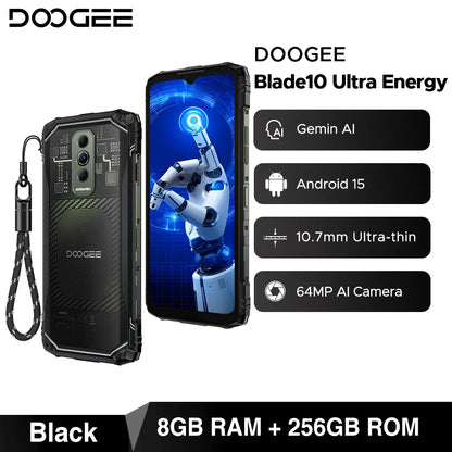 DOOGEE Blade10 Ultra Energy Rugged Phone Gemini AI 10.7mm Ultra-thin 6150mAh Battery Android 15 Widevine L1 Smartphone NFC