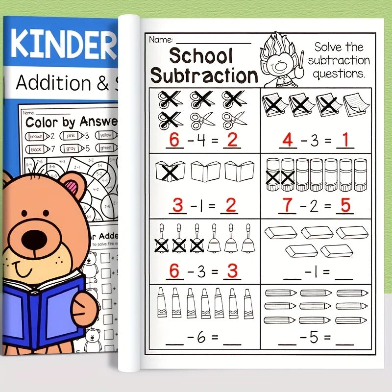 32-Page Interactive Math Learning Workbook with Addition & Subtraction Worksheets, Crossword Puzzles, Colorful Math Activities
