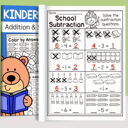 32-Page Interactive Math Learning Workbook with Addition & Subtraction Worksheets, Crossword Puzzles, Colorful Math Activities