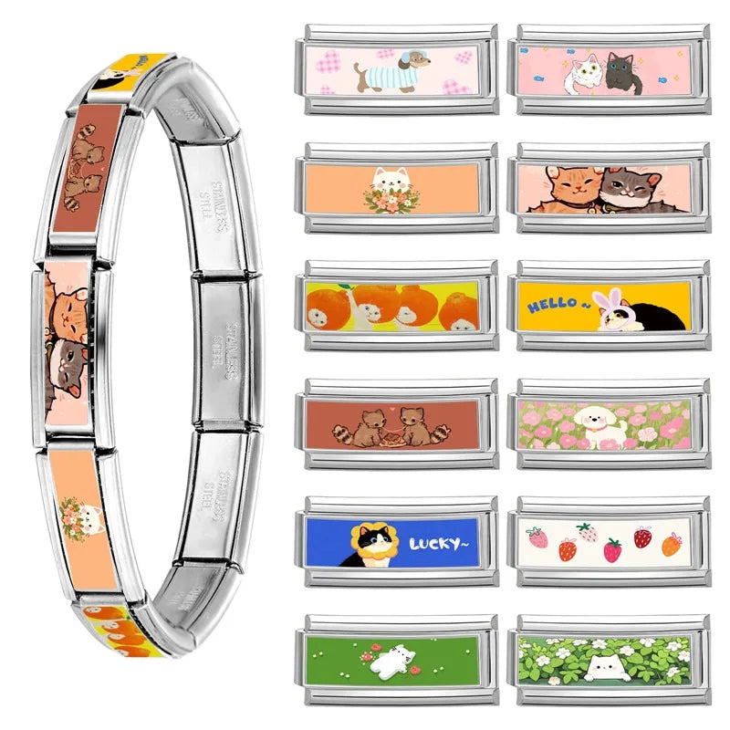 2025 New Women's Gift Cute Rabbit Cat Dogs Italian Charms Links Beads Fit 9mm Stainless Steel Modular Modular Bracelet Jewelry