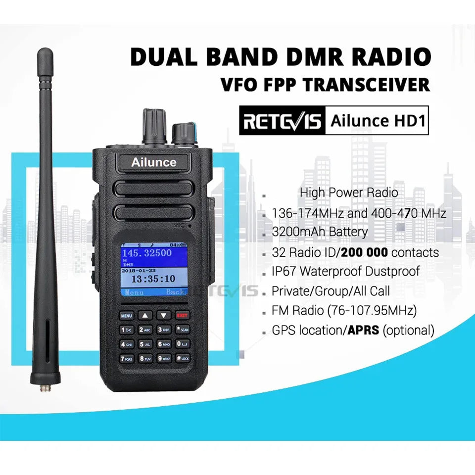 Ailunce HD1 DMR Walkies Talkies Long Range Walkie Talkies Portable Radio FM Communication Emergency Radio Ham Radio Station GPS