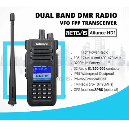 Ailunce HD1 DMR Walkies Talkies Long Range Walkie Talkies Portable Radio FM Communication Emergency Radio Ham Radio Station GPS