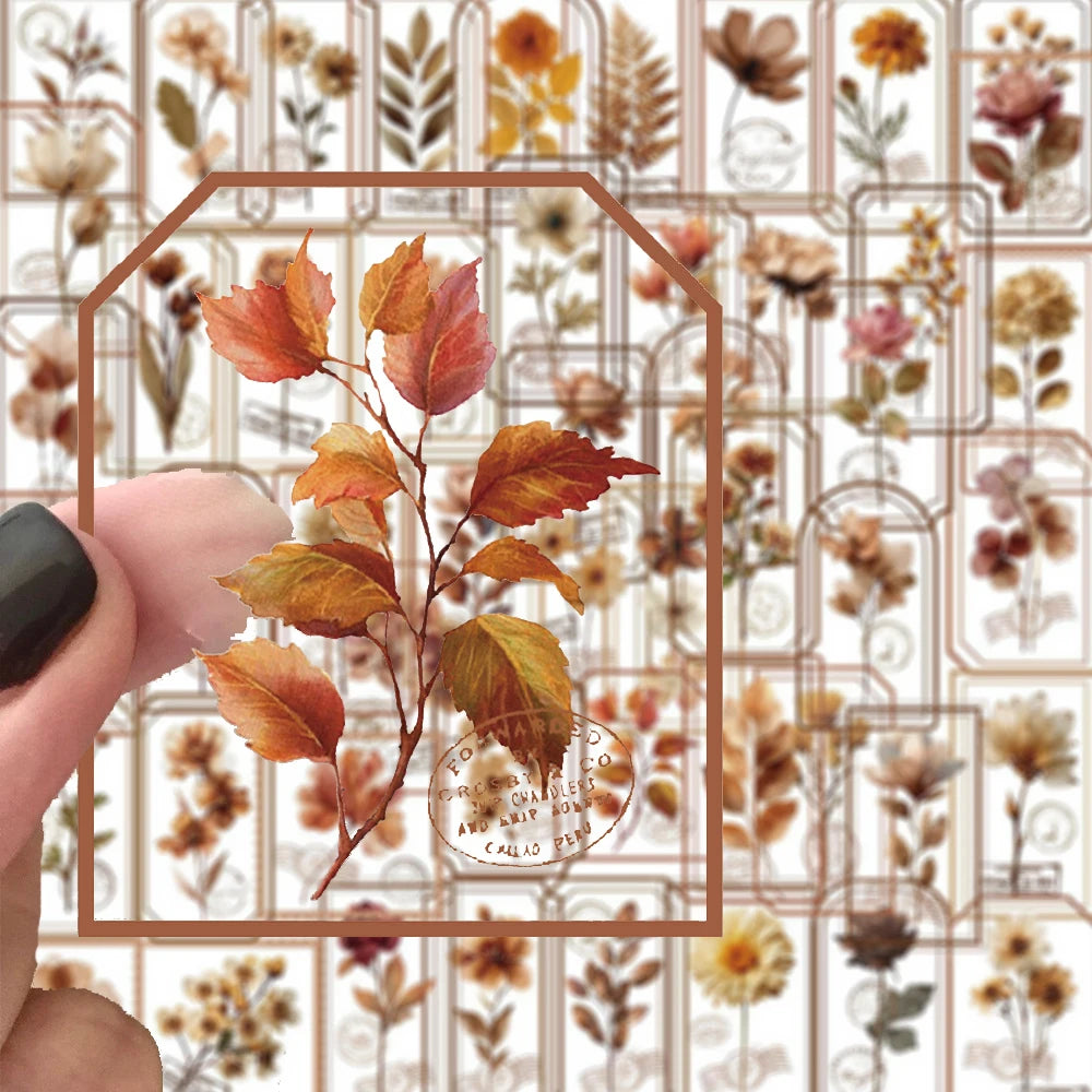 10/30/50pcs Transparent Retro Flower Plant Stamp Stickers Cartoon Creative Decals Suitcase Phone Guitar Sticker Decoration Gift