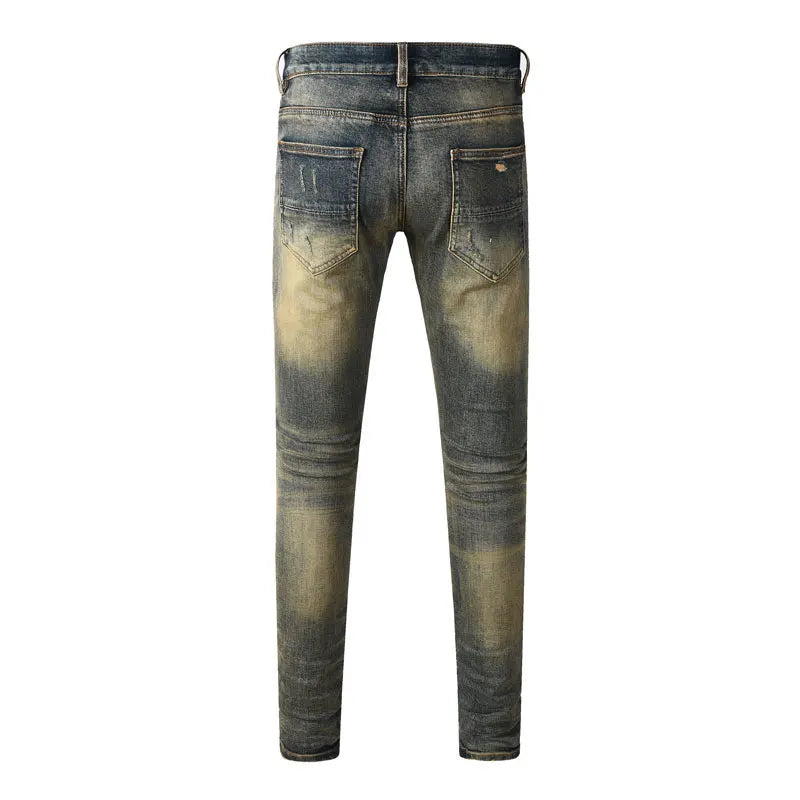 Y2k New Men's Jeans Washed Nostalgic Perforated Black Leather Patch Deep Blue Jeans High Street Designer Hip-Hop Brand High-Qual