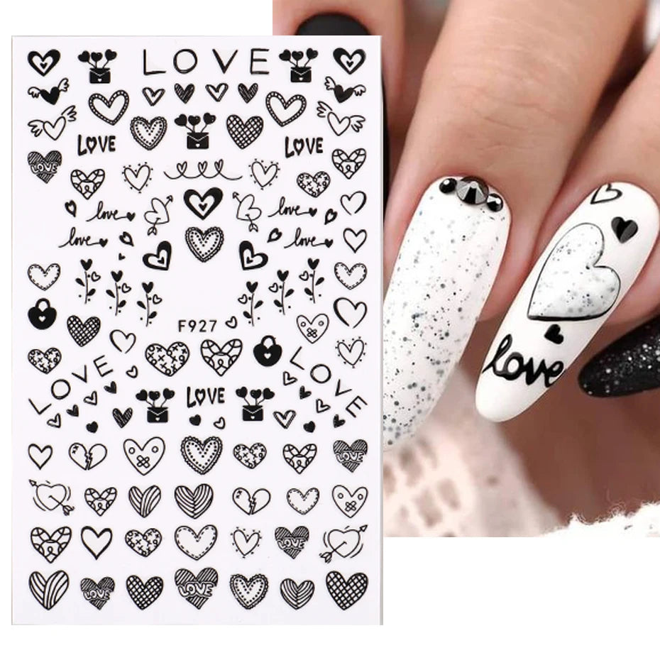 Black and White Love Flowers Line Art 3D Stickers Nail Decals Nail Art Accessories Butterfly Rose Nail Stickers Nail Sliders